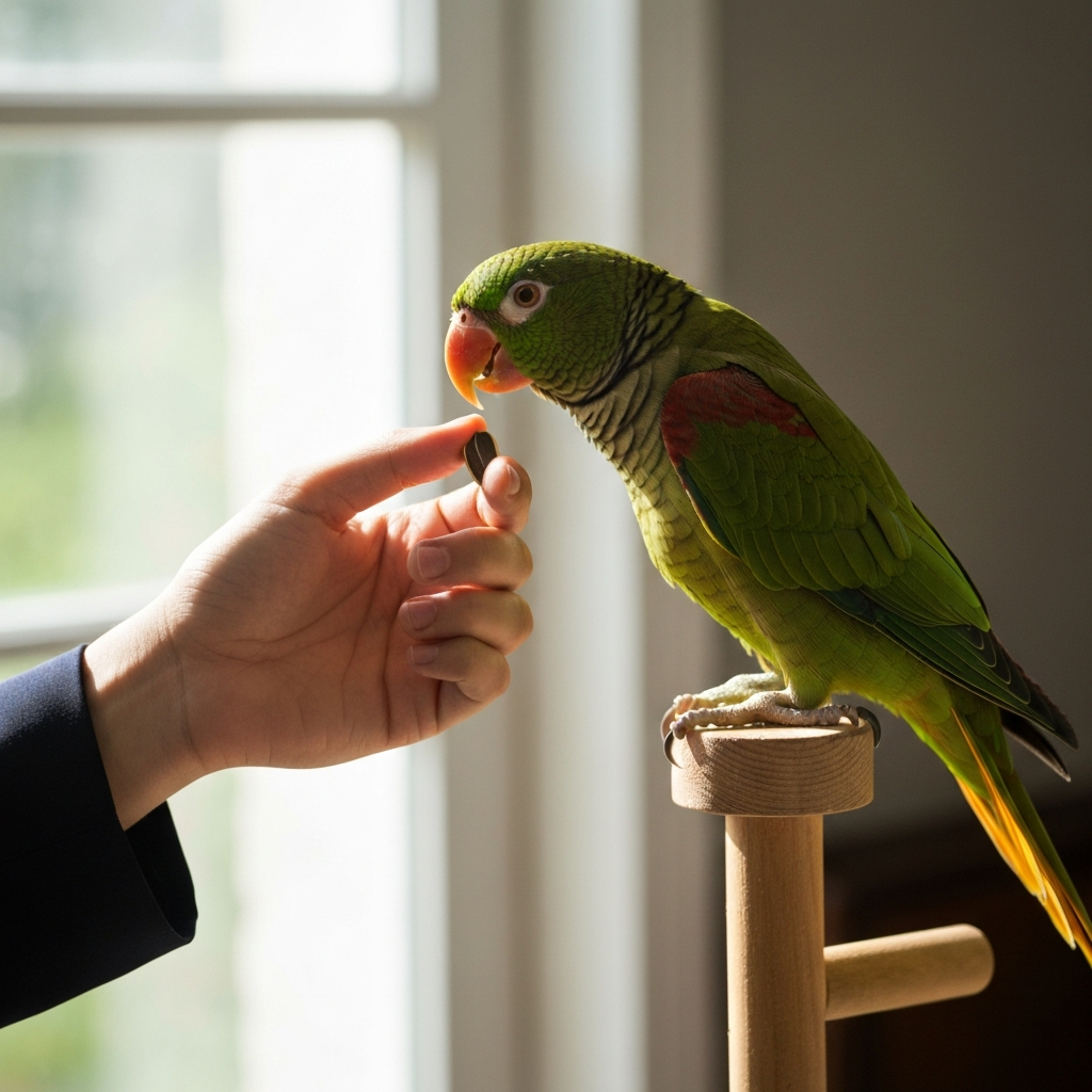 Close-up of a hand offering a sunflower seed to a green parrot perched on a wooden stand, soft focus background, natural light coming from a window.
