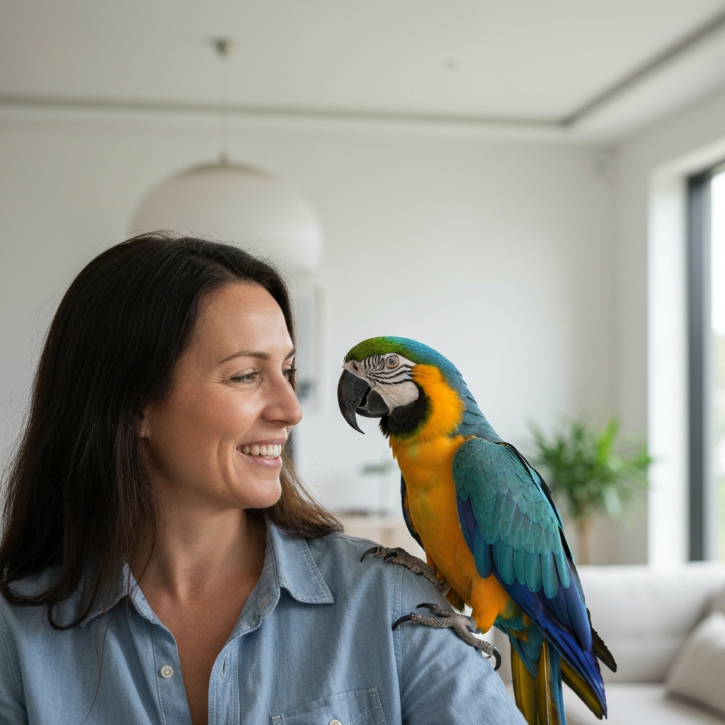 A woman smiling and talking to a blue and gold macaw perched on her shoulder in a brightly lit living room. The woman is wearing a casual shirt and the macaw is looking directly at her.