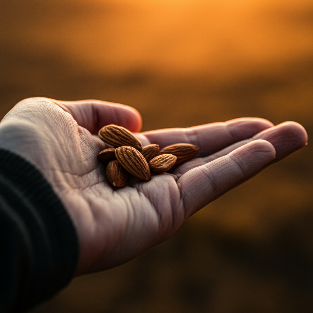 Macro shot of an open hand holding a few small pieces of almond. The texture of the hand and the almonds is clearly visible. Soft bokeh in the background.
