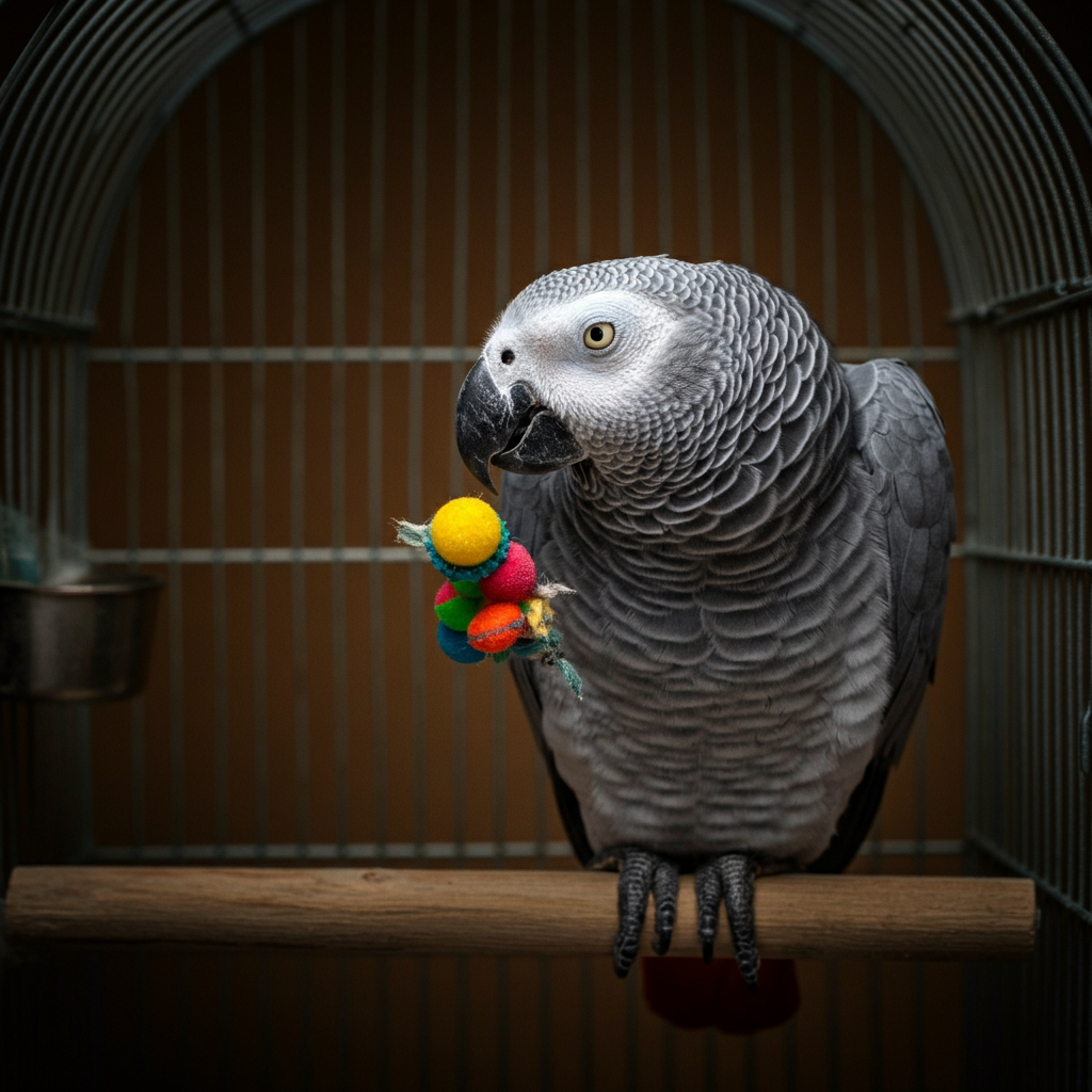 A gray parrot playing with a small, brightly colored toy in its cage. The cage is clean and well-lit.