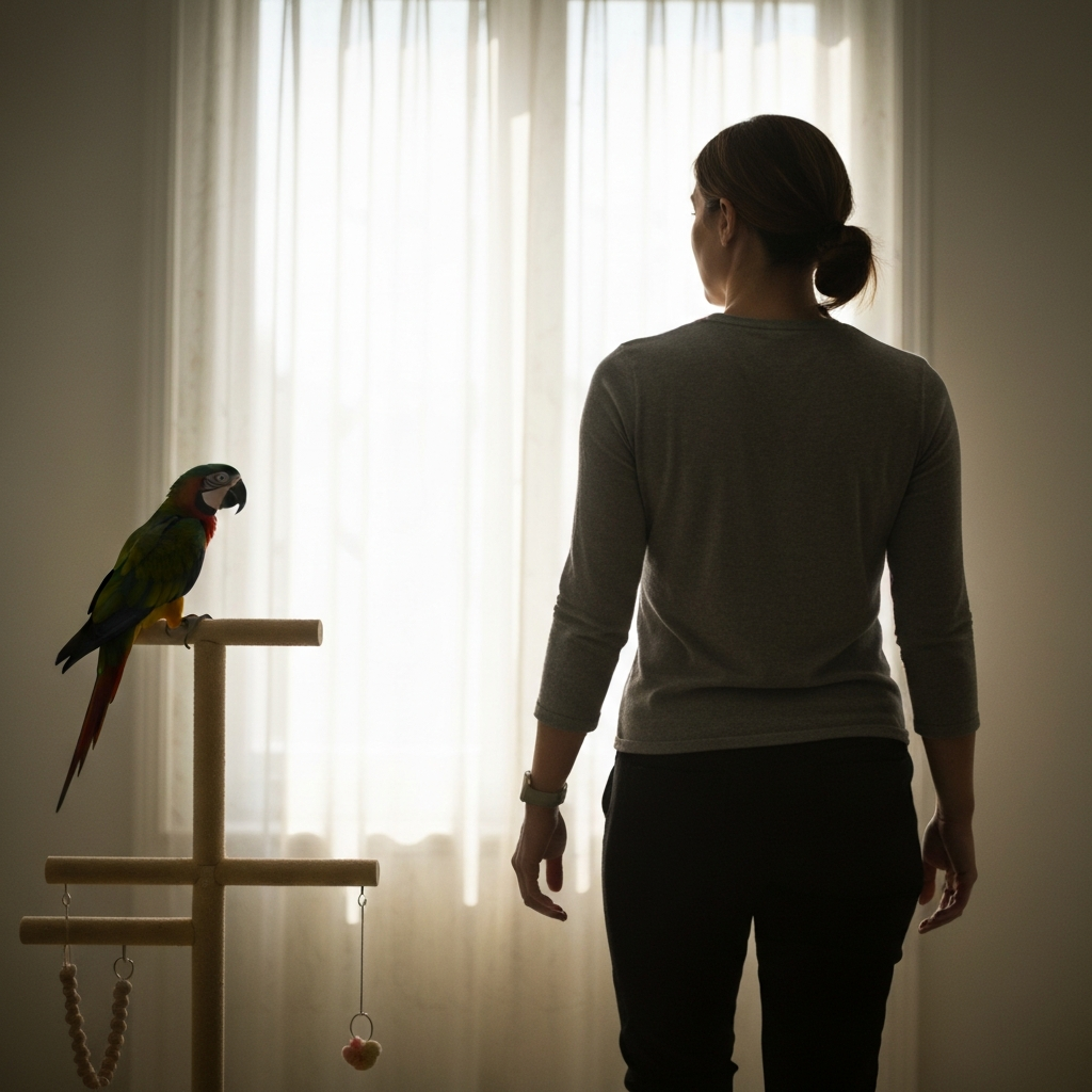 A woman calmly walking away from a parrot perched on a play stand, while the parrot watches her. Soft, diffused light from a nearby window.