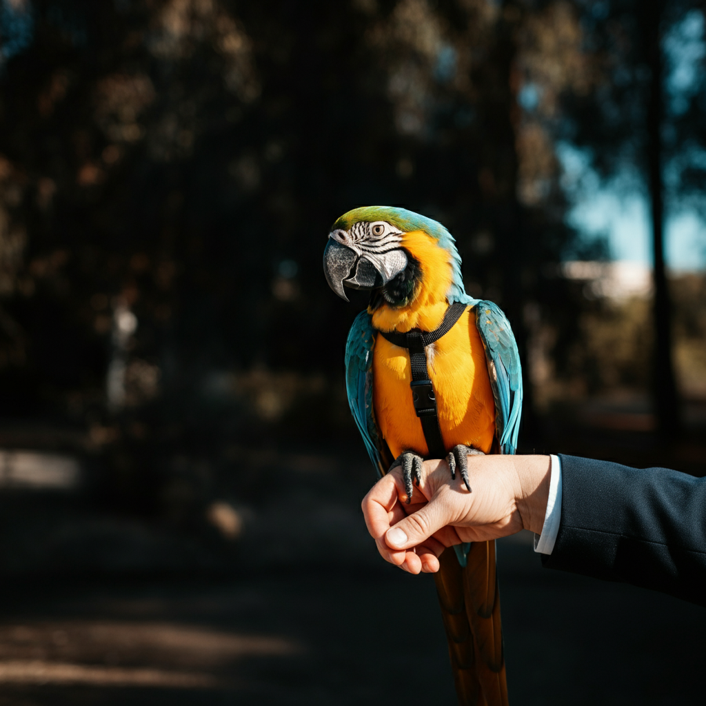 A parrot wearing a bird harness standing on a person's arm in a sunny outdoor setting. The background is slightly blurred, showing trees and a clear sky.