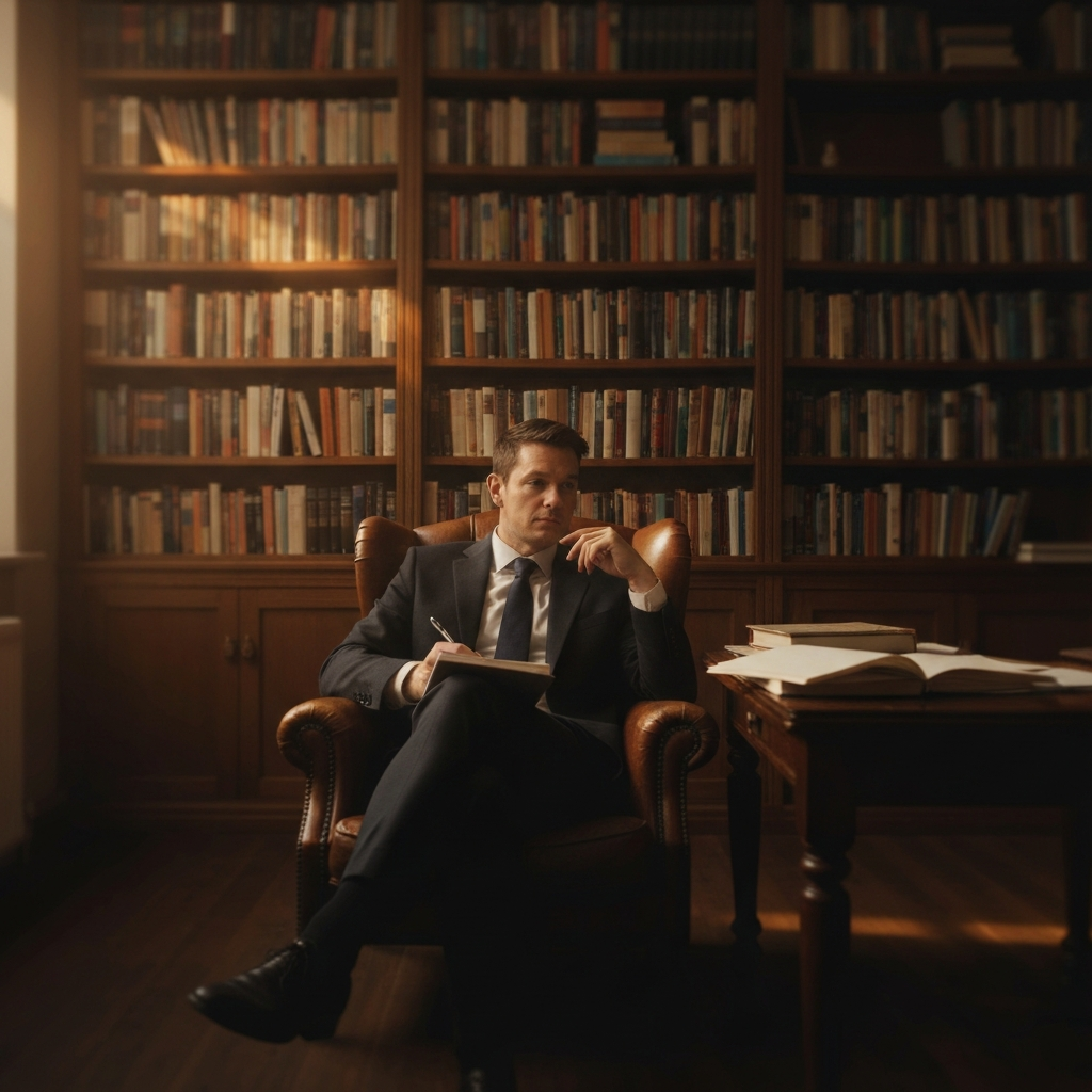A warmly lit study with bookshelves receding into soft bokeh. A person sits in an old leather chair, holding a pen and notebook, a contemplative expression on their face. Golden hour light streams through the window, illuminating dust motes in the air.