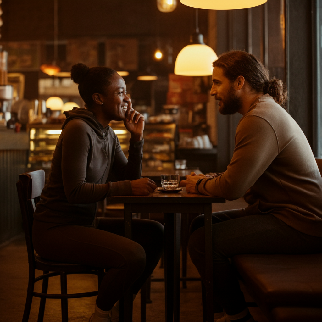 A bustling coffee shop with warm, ambient lighting. Two people sit at a small table, engaged in a lively discussion. One leans forward attentively, while the other gestures animatedly. The background is slightly blurred, focusing attention on the two figures.