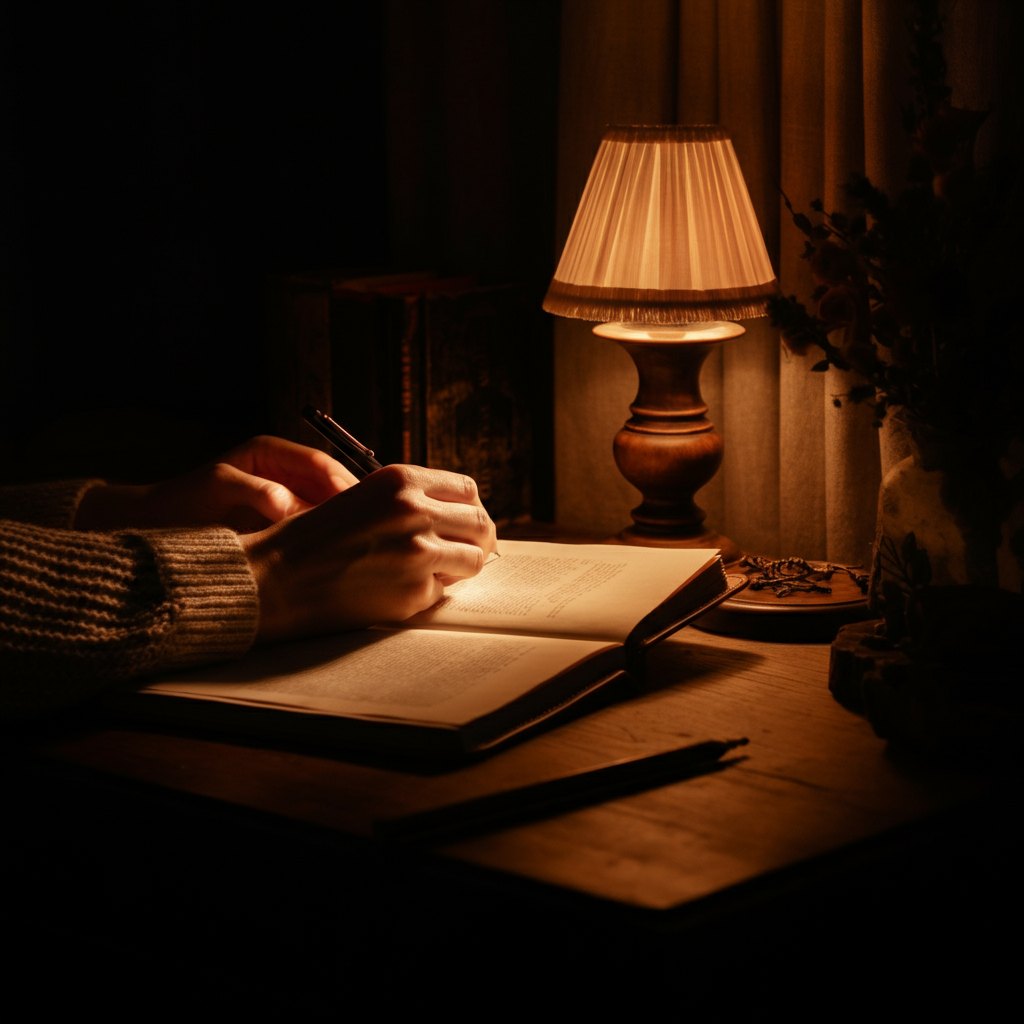 A cozy bedroom with soft, diffused lighting. A person sits at a wooden desk, writing in a leather-bound journal. A warm lamp illuminates the pages, casting a soft glow on their hands.