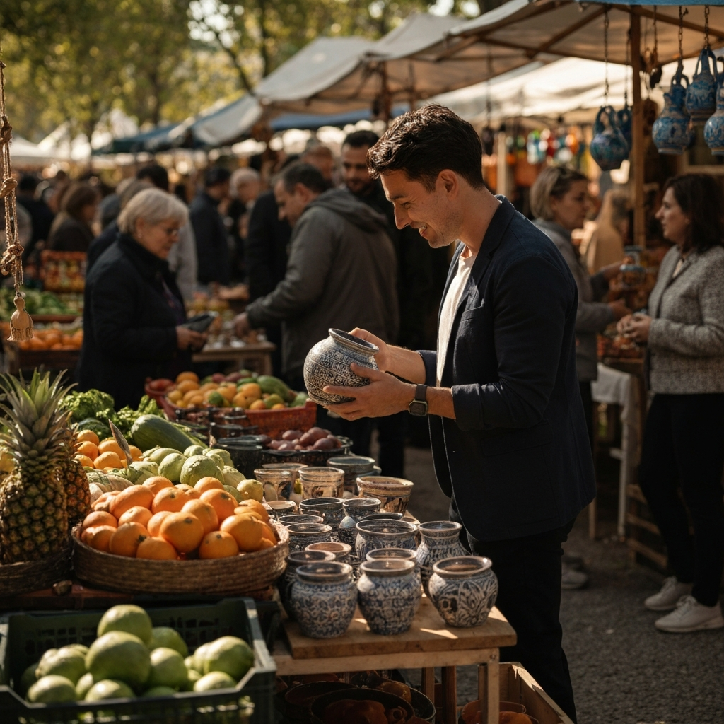 A vibrant outdoor market with people browsing colorful stalls. Natural light bathes the scene, highlighting the textures of fruits, vegetables, and handcrafted goods. A person smiles as they examine a piece of pottery.
