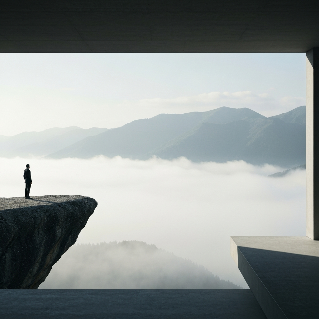 A misty mountain landscape with soft, muted colors. A lone figure stands at the edge of a cliff, gazing out at the vast expanse. The scene conveys a sense of solitude and introspection.