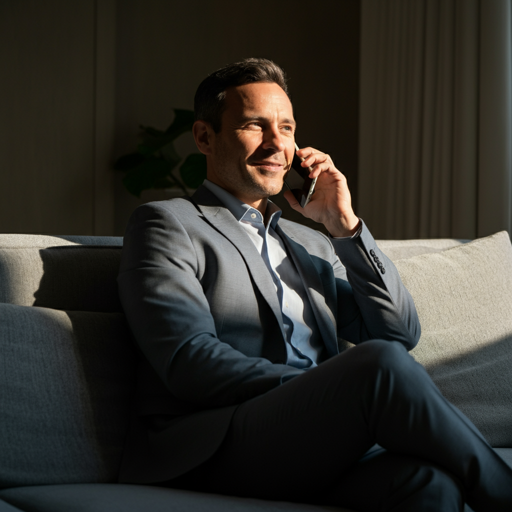 A man seated on a comfortable couch, holding a phone to his ear and smiling slightly. Natural light illuminates his face from a nearby window. The couch has a textured fabric and is adorned with soft pillows. The background is slightly blurred to emphasize the subject.