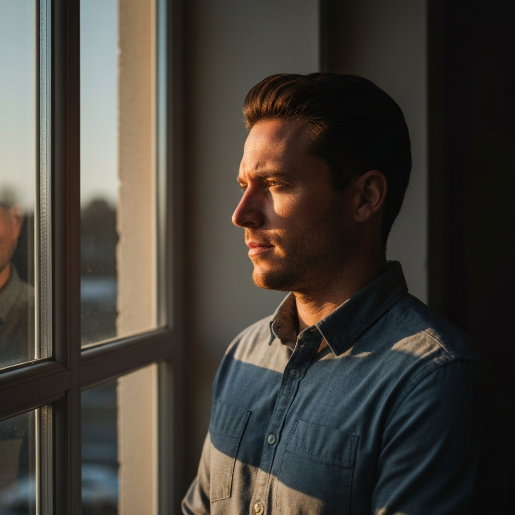 A man standing near a window, looking thoughtful. The light from the window casts a soft glow on his face. He is wearing a casual button-down shirt. The window frame is visible, and the background is slightly blurred.