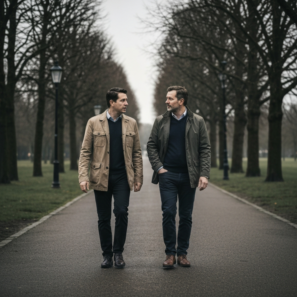 Two men walking side-by-side in a park, engaged in a serious conversation. Overcast lighting provides a soft, even illumination. They are both wearing casual jackets and walking on a paved path. Trees line the path, creating a natural backdrop.