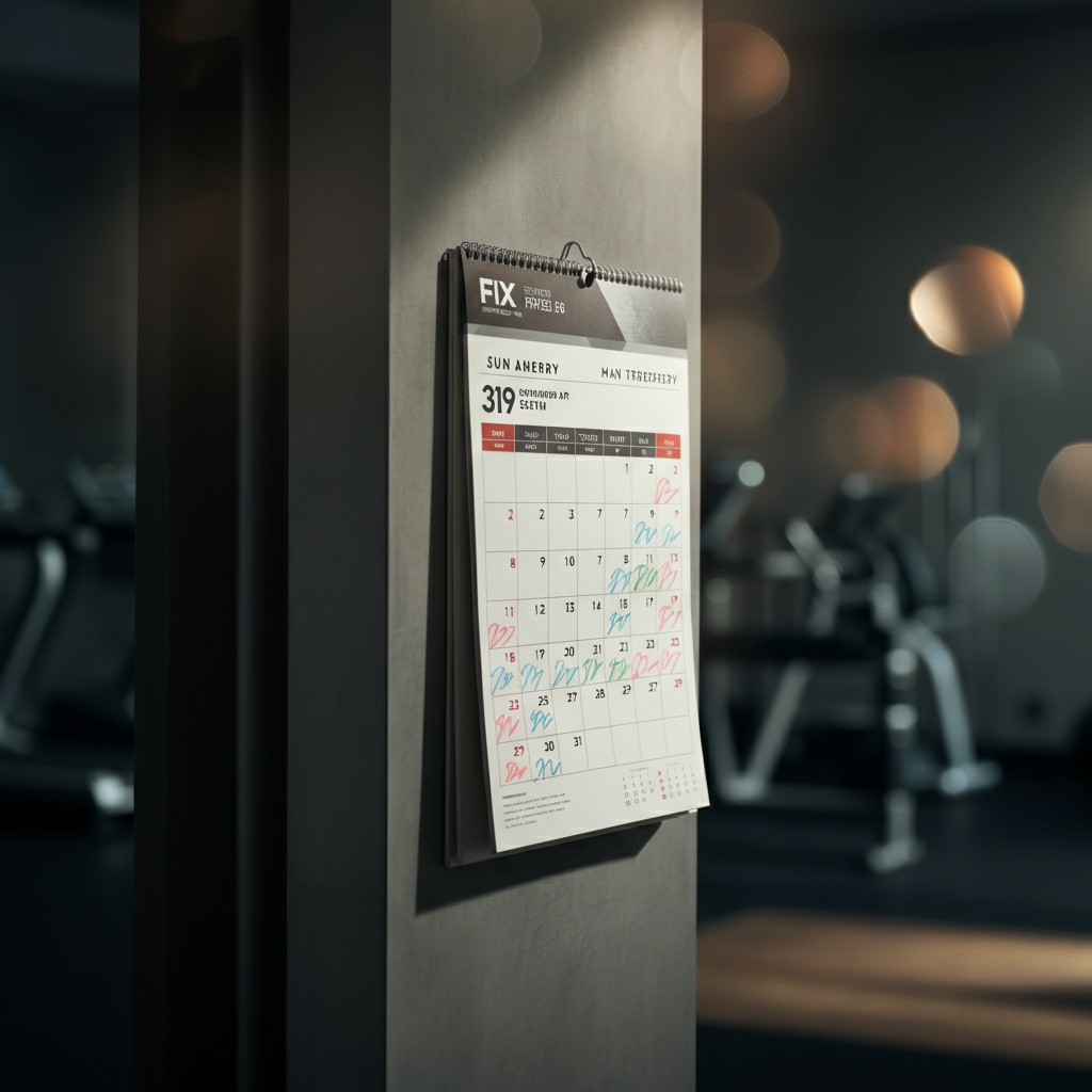 A fitness calendar hanging on a wall, with various workouts marked with colorful pens. Soft bokeh in the background.