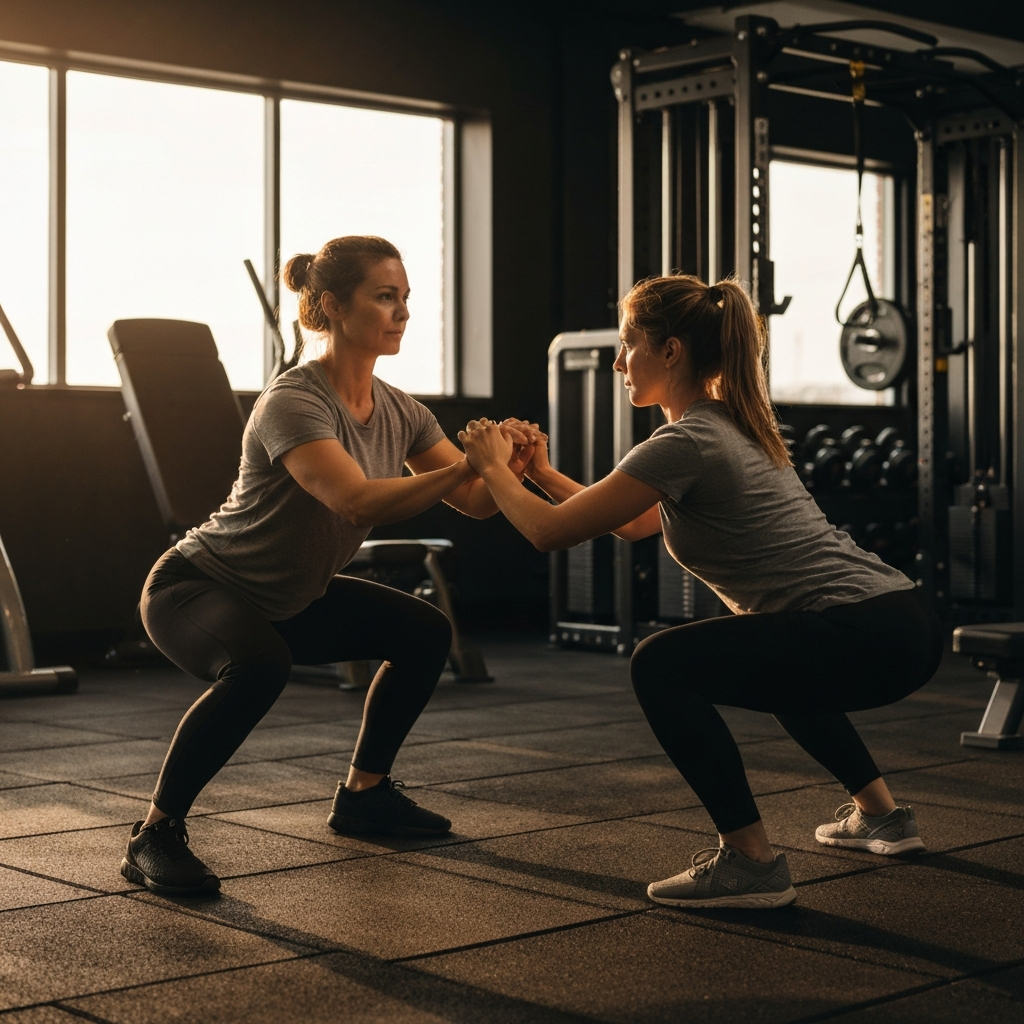 A personal trainer demonstrating a squat to a beginner in a well-equipped gym. The light catches the texture of the gym equipment.
