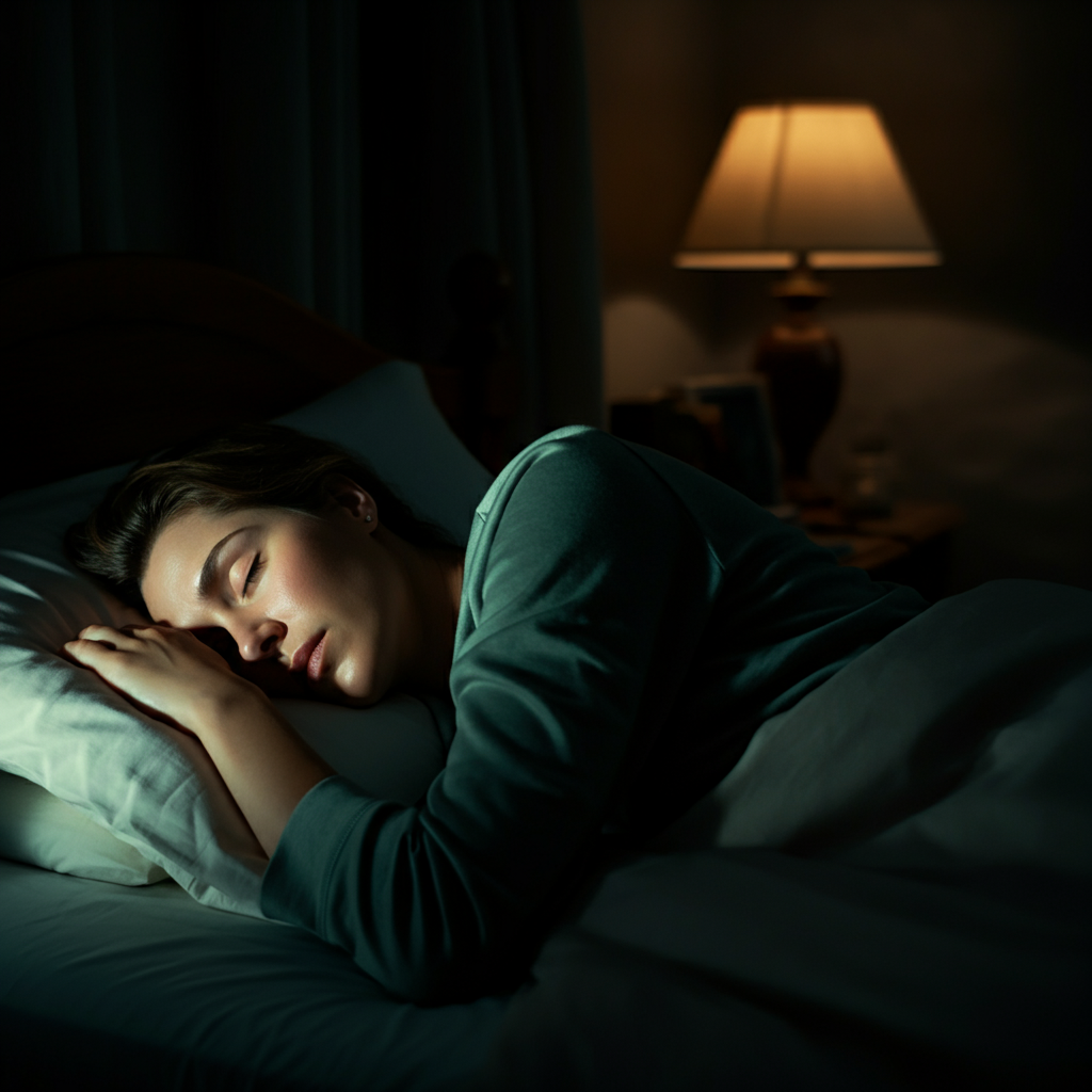 A person sleeping peacefully in a dimly lit bedroom. Soft, diffused light creating a calming atmosphere.