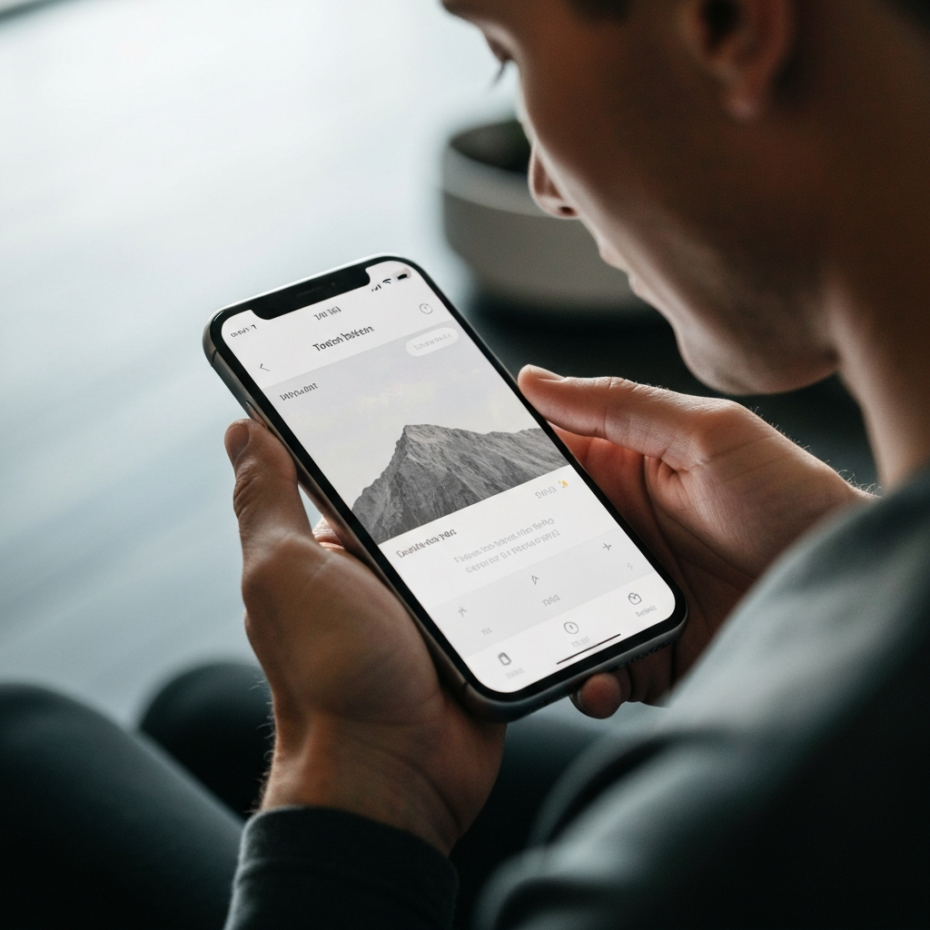 A person reviewing their fitness tracking app on a smartphone. Side-lit textures on the screen.