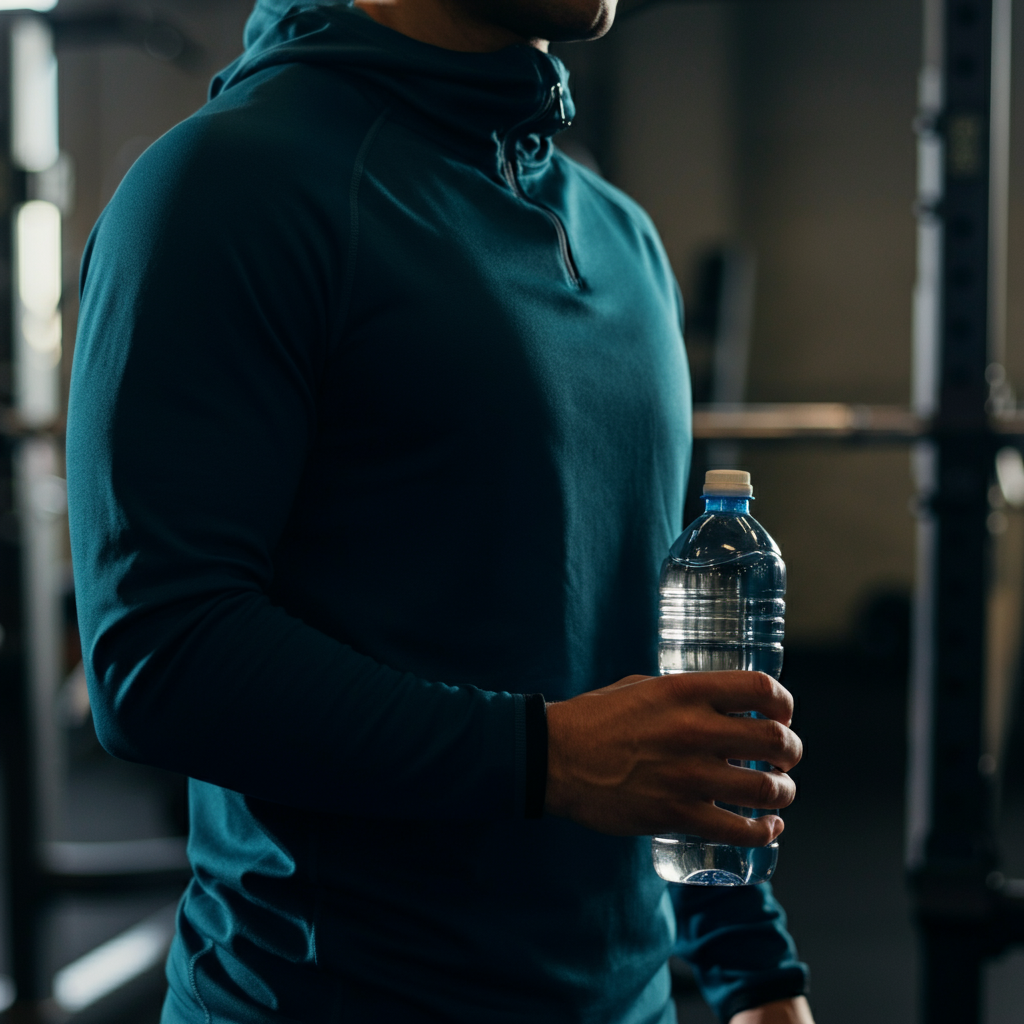 A person holding a water bottle in a gym. Soft focus on the background.