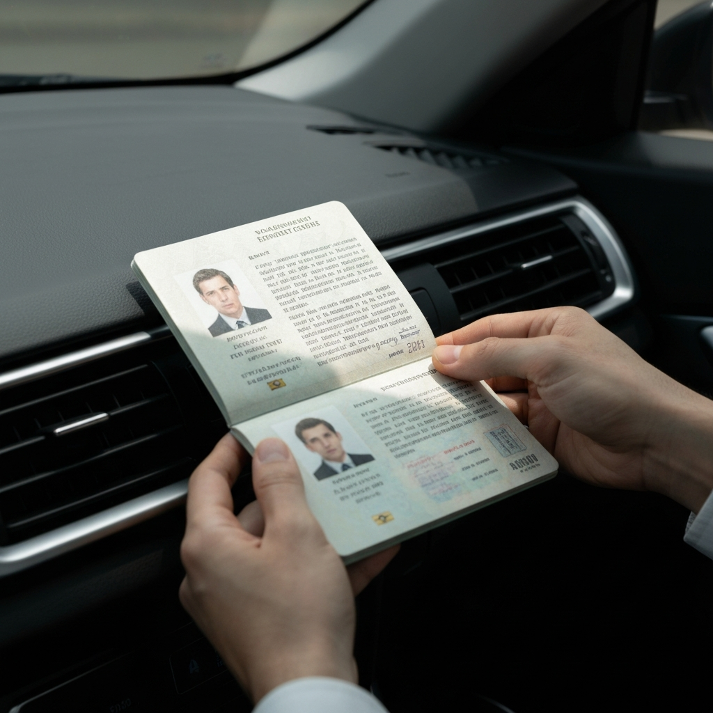 A close-up shot of a passport resting on a car dashboard. The passport is open to the photo page, bathed in soft, diffused light coming from the windshield. A pair of hands is visible, adjusting the angle slightly.