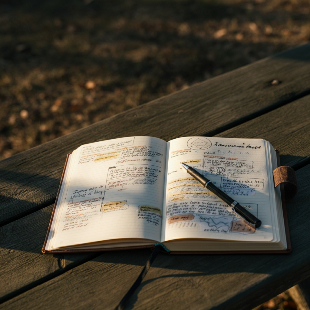 A travel journal is open on a picnic table outdoors, with a pen lying across it. The pages are filled with handwritten notes, maps, and sketches. Golden hour lighting casts long shadows across the table.