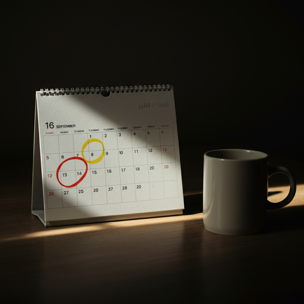 A calendar with the months of May through September circled in bright ink. Sunlight streams through a window, highlighting the texture of the paper. A coffee mug sits next to the calendar.