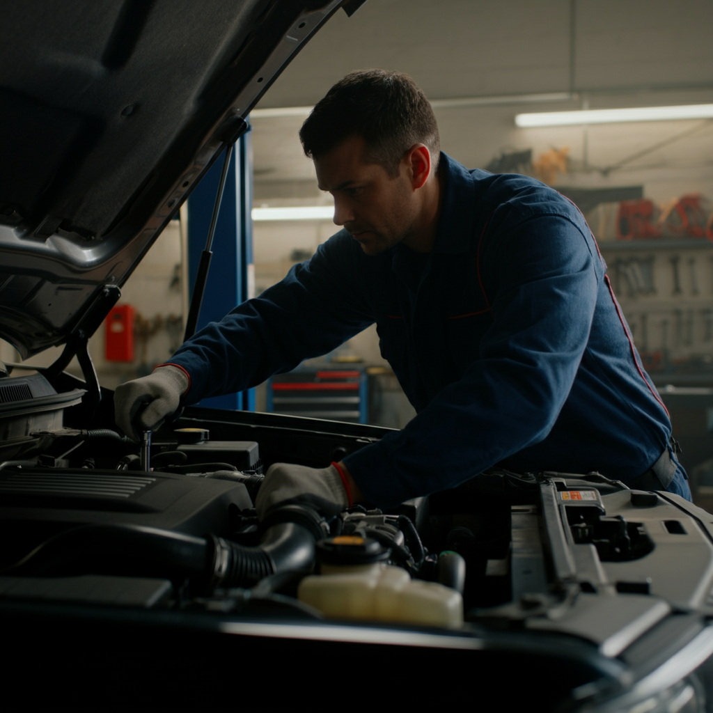 A mechanic is under the hood of a pickup truck, inspecting the engine. The garage is well-lit, and tools are neatly organized on a workbench in the background. The focus is on the mechanic's hands as he tightens a bolt.