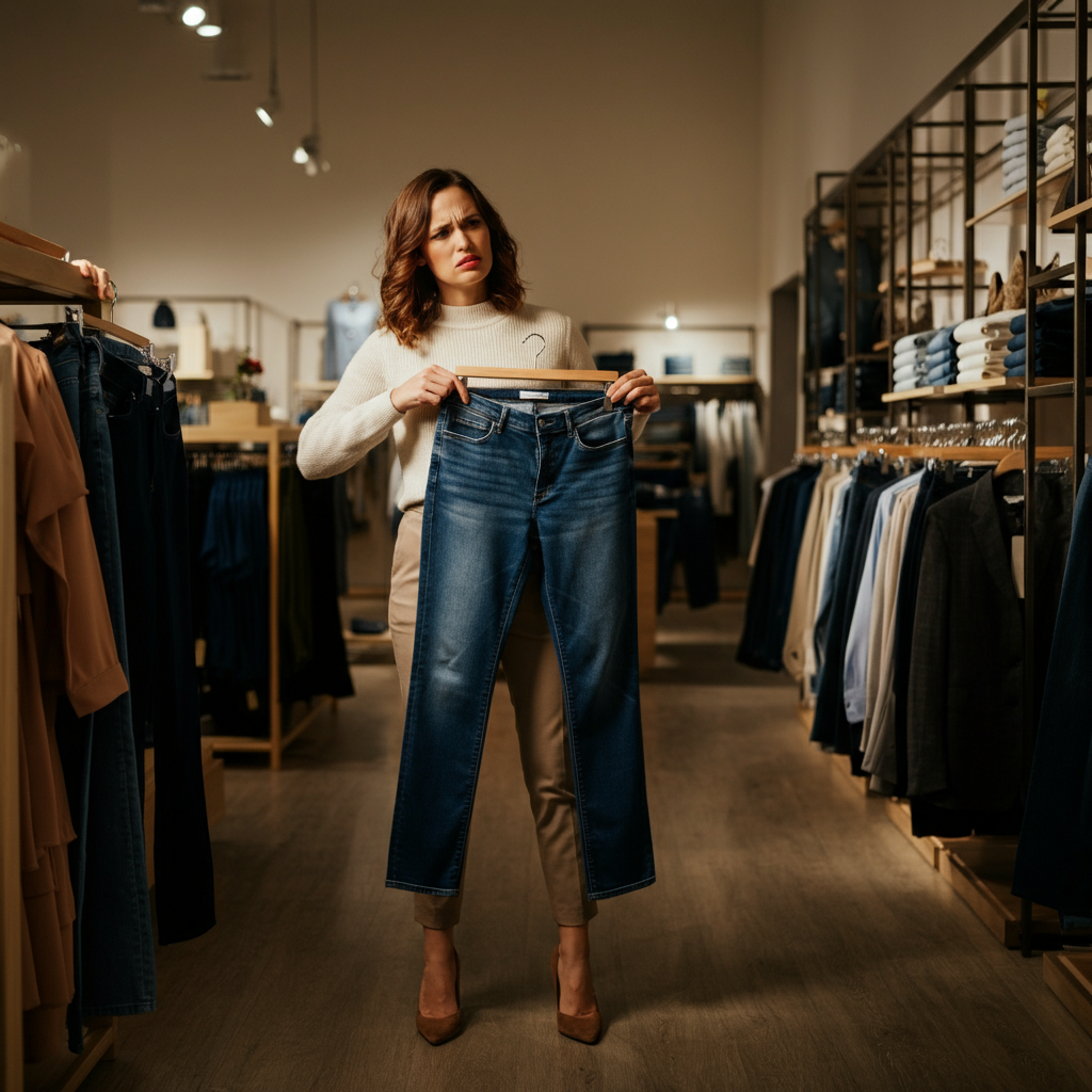 A woman is standing in a clothing store, holding up a pair of jeans that are visibly too short for her. The lighting is bright and even, typical of retail environments. The background is filled with racks of clothing, creating a sense of depth. The focus is on the jeans and the woman's expression of slight frustration.