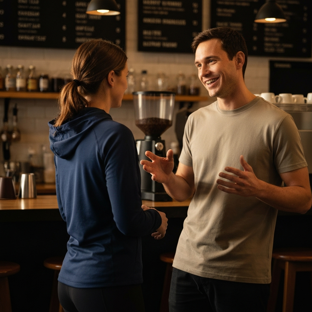 A woman is standing in a casual coffee shop, talking to a barista. The lighting is warm and inviting, with soft shadows. The barista is smiling and gesturing with his hands. The background is blurred, highlighting the textures of the coffee shop interior.