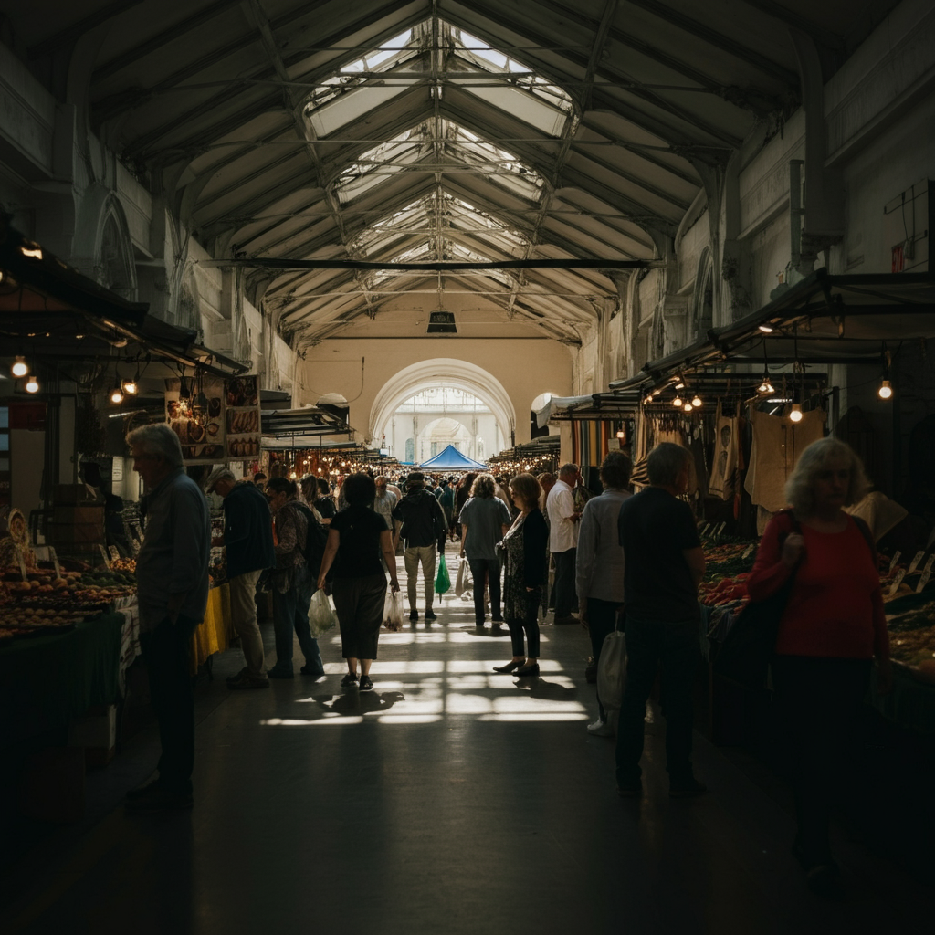 A wide shot of a crowded outdoor market. People are milling around, browsing the stalls. A single woman stands slightly taller than the others, making her easily identifiable in the crowd. The lighting is bright and sunny, with long shadows. The background is filled with colorful stalls and vibrant activity.
