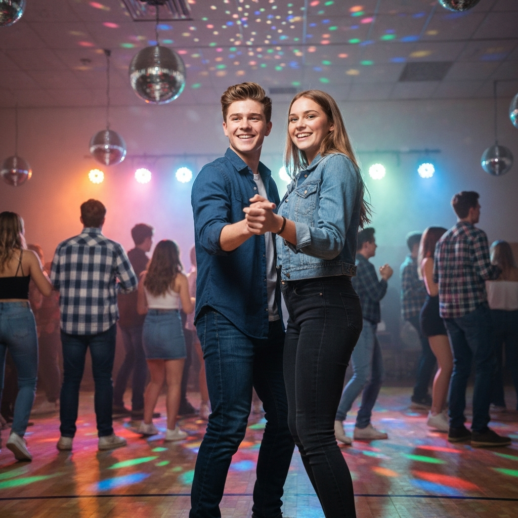 A young couple is dancing at a school dance. The woman is slightly taller than the man. The lighting is colorful and festive, with disco balls and spotlights. The background is filled with other dancing couples and party decorations.