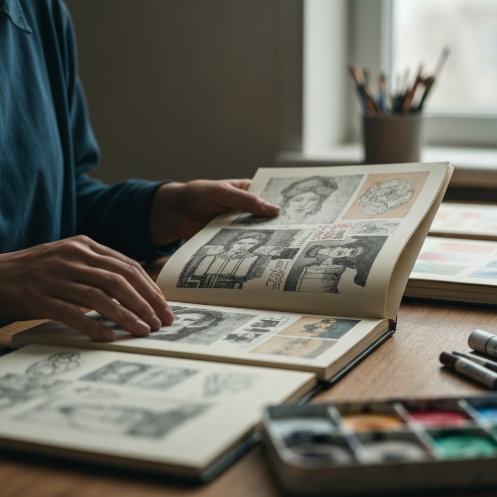 A close-up shot of a person's hands gently flipping through a sketchbook filled with diverse sketches and collages, bathed in soft, natural light from a nearby window. The textures of paper, charcoal, and watercolor are prominent. The background features blurred art supplies on a wooden desk.