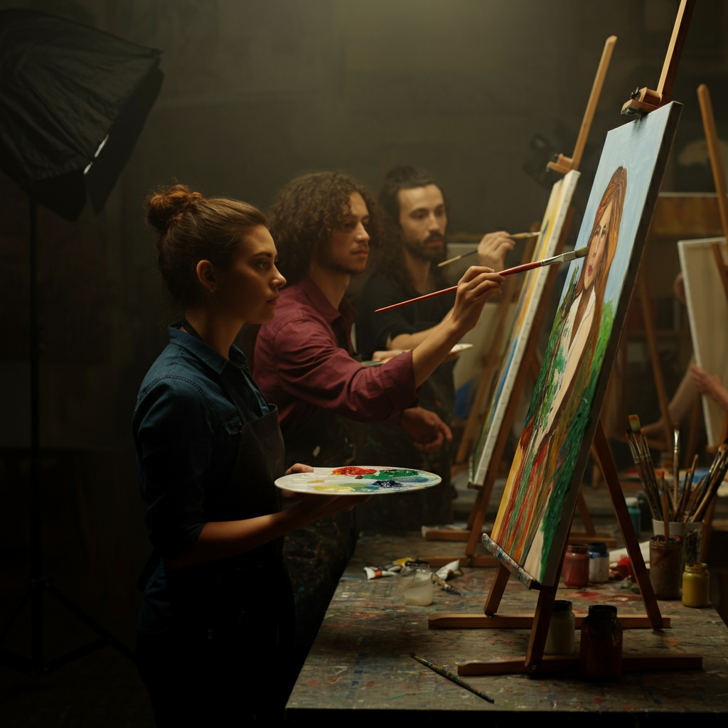 A group of people gathered around easels in a brightly lit art studio, participating in a painting workshop. An instructor is demonstrating a technique with a brush on a canvas. The studio is filled with canvases, paints, and various art supplies. The atmosphere is collaborative and encouraging.
