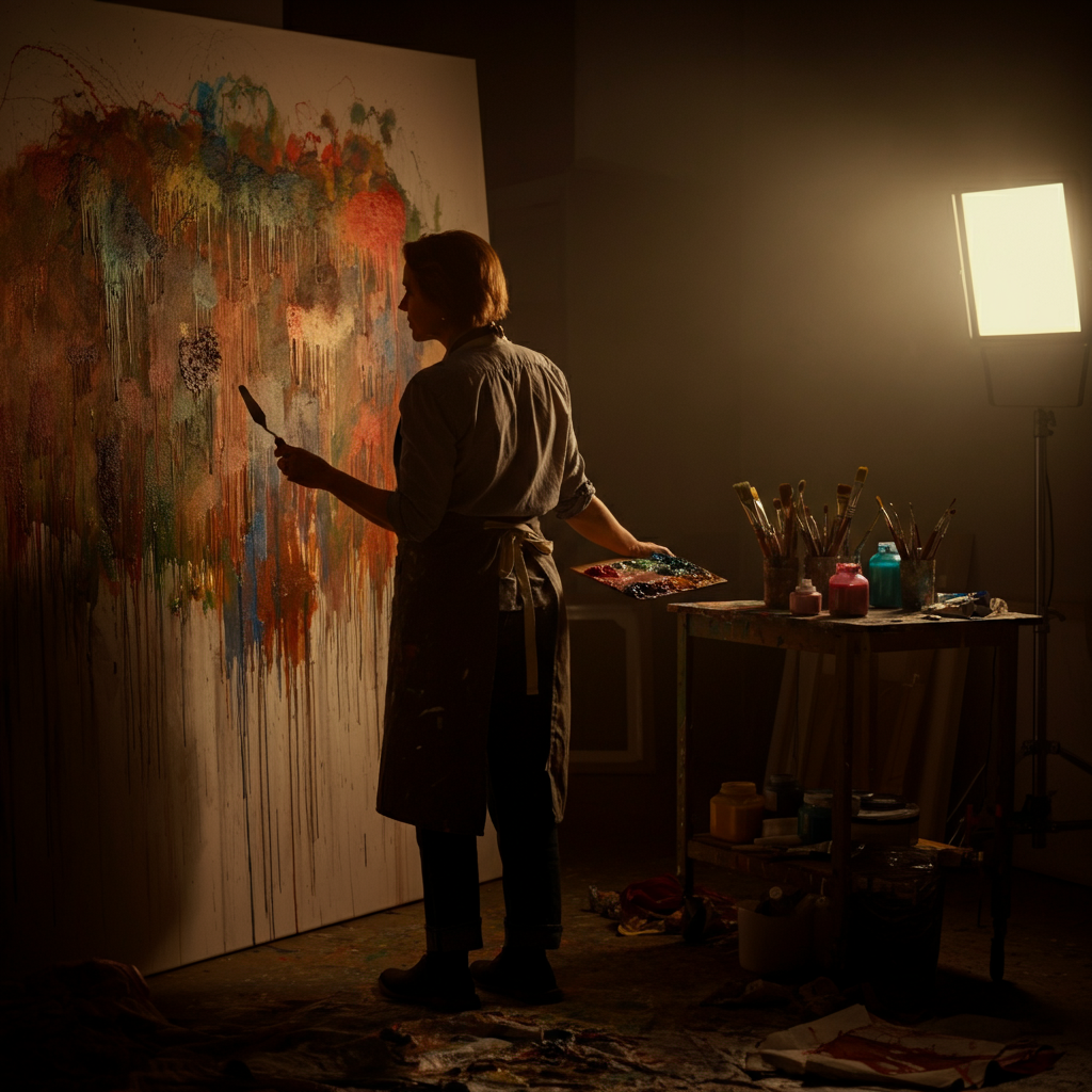 A person in an apron standing in front of a large canvas, covered in drips and splatters of colorful paint. They are holding a palette knife with various colors mixed on it. The surrounding area is filled with art supplies and evidence of experimentation. The lighting is dramatic, highlighting the textures and colors of the paint.