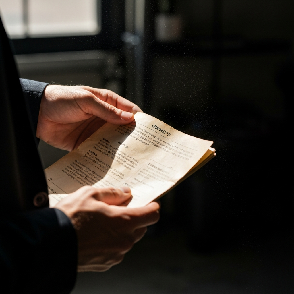 Close up, hands holding a worn car owner's manual, sunlight streaming in from a garage window, highlighting the dust motes in the air and the textured paper of the manual.