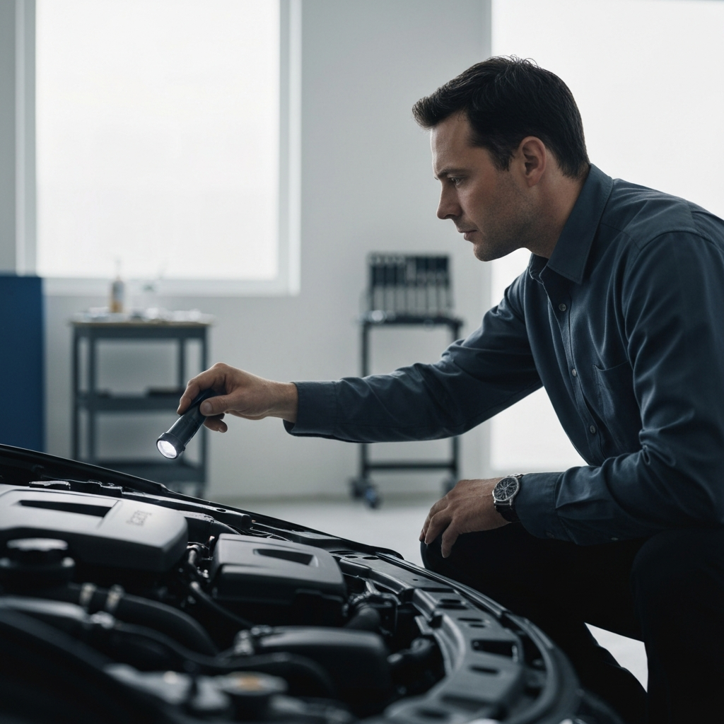 Side view of a mechanic kneeling in front of a car's engine, using a flashlight to inspect the engine bay, soft bokeh in the background highlighting the blurred tools on a nearby workbench.