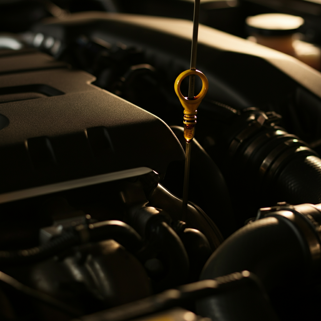 Close-up on a dipstick being pulled from an engine, the oil level clearly visible, soft golden hour lighting adding depth to the metallic surfaces and highlighting the oil's texture.