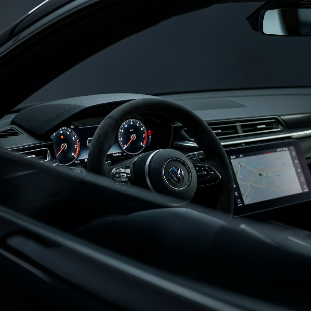 Interior car shot, dashboard in focus, driver listening intently, hand near the steering wheel, focusing on the audio experience of the car while stationary, natural light creating a calm, observational atmosphere.