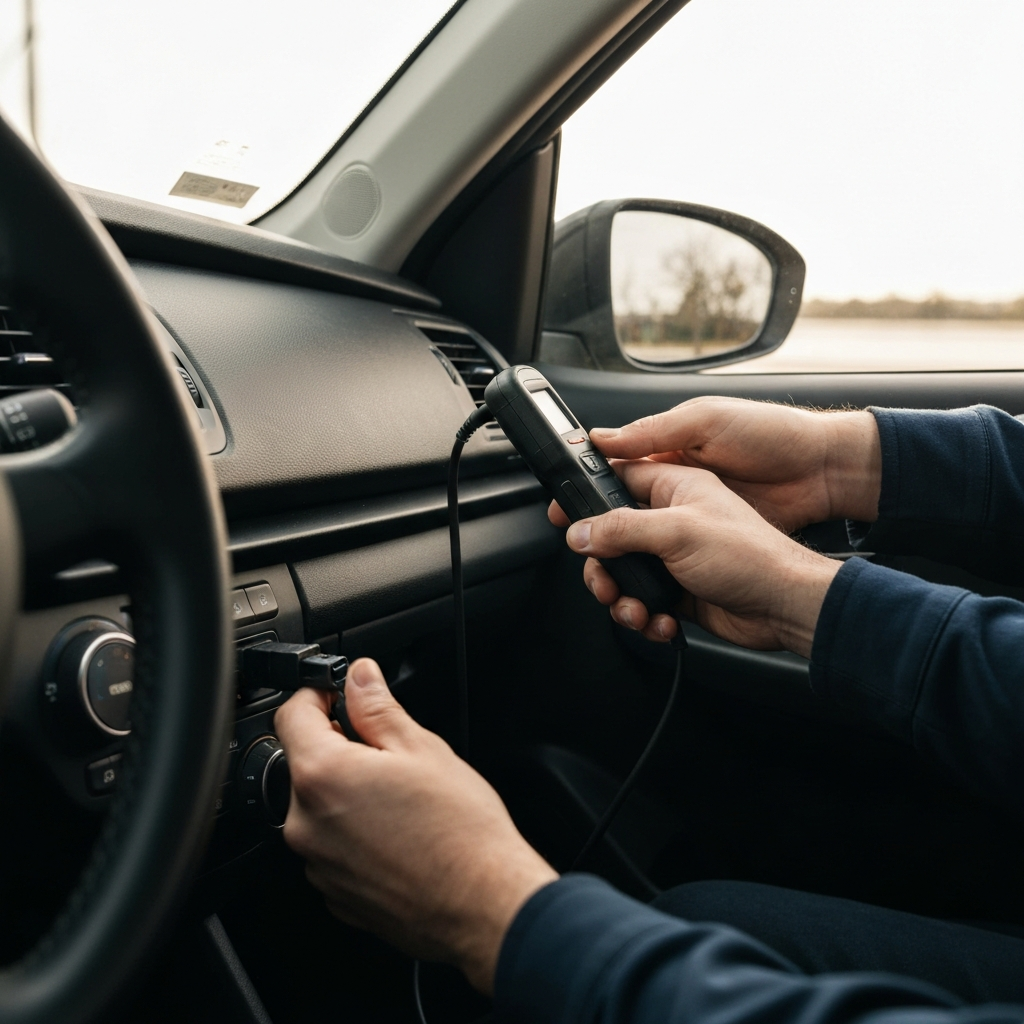 Hands plugging an OBD-II scanner into a car's diagnostic port, interior car view with a focus on the dashboard area and the scanner cable, soft light filtering in from a car window, highlighting the texture of the dashboard materials.