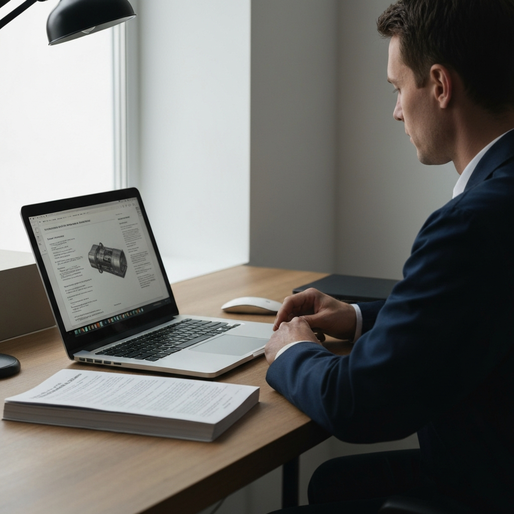 Person sitting at a desk, illuminated by the soft glow of a laptop screen, referencing a thick repair manual propped open beside the computer, showcasing a mix of traditional and digital information gathering.