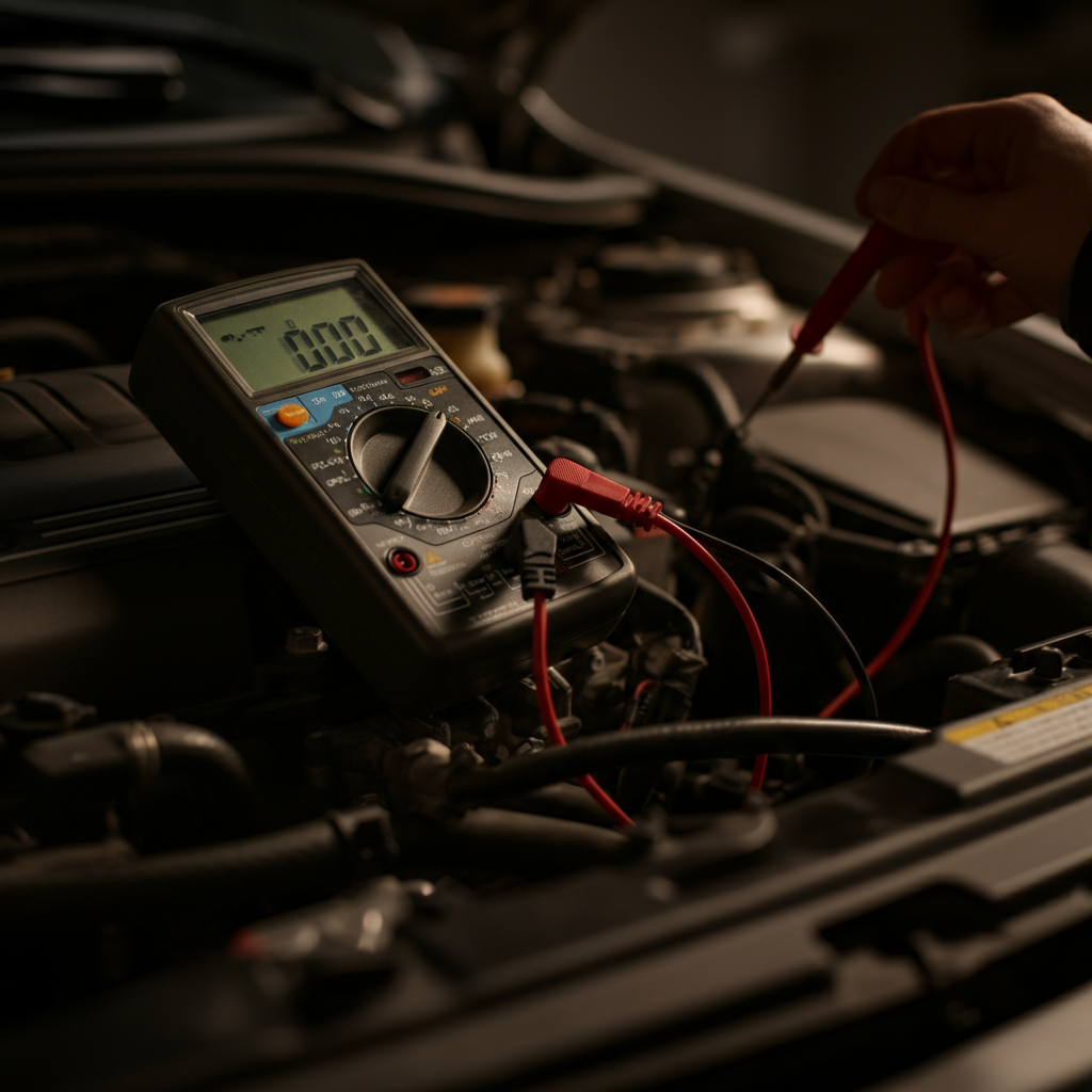 Close-up on a multimeter displaying voltage readings, wires connected to a component in a car's engine bay, natural light illuminating the scene with a focus on the detail of the diagnostic process.