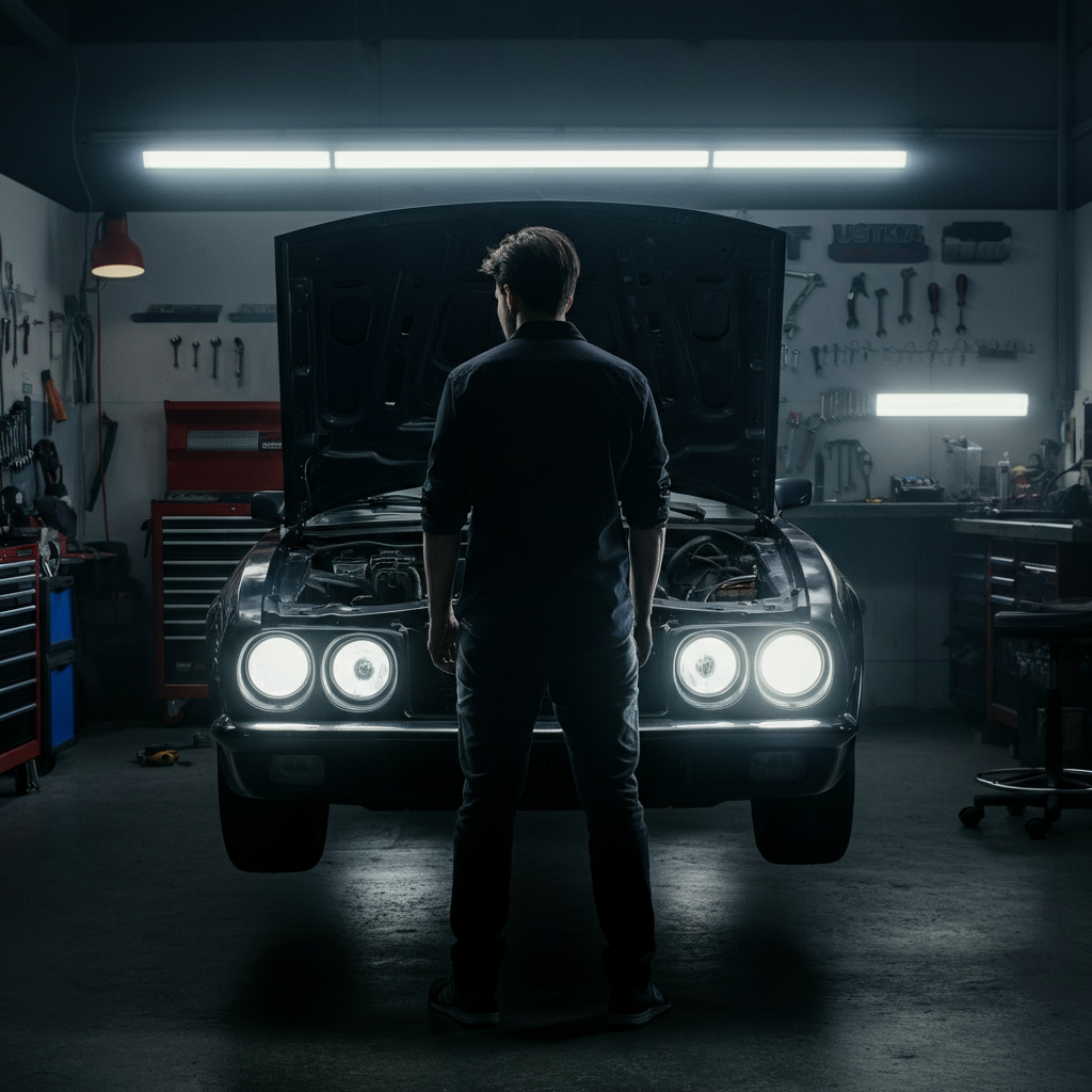 A person standing in a clean, well-organized garage, tools neatly arranged in the background, contemplating a car project, the atmosphere conveying a sense of confident assessment before beginning the repair.