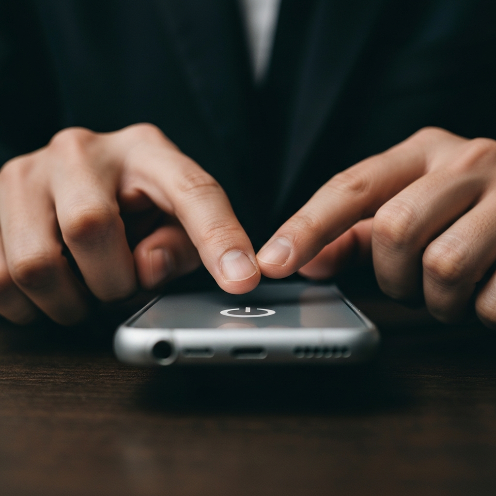 Close-up shot of hands pressing the power and volume up buttons on a smartphone. Soft, diffused lighting highlights the texture of the phone's casing. The background is blurred.