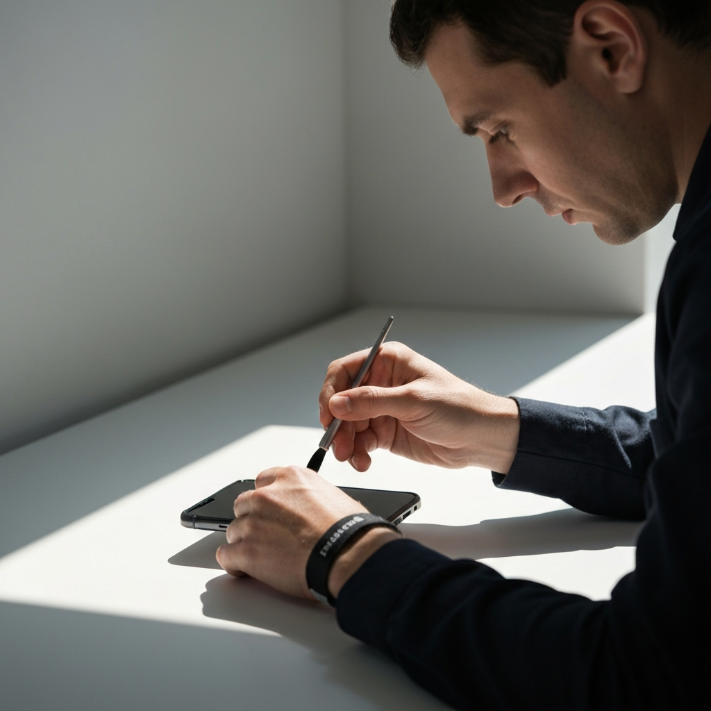 A technician carefully cleaning a smartphone's charging port with a small brush. Natural sunlight illuminates the workspace. The technician is wearing an anti-static wrist strap.