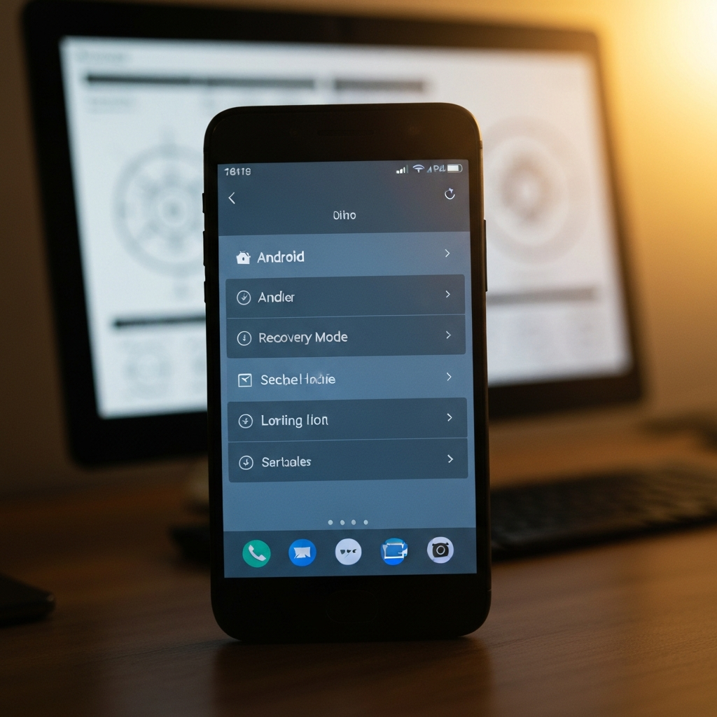 A smartphone displaying the Android Recovery Mode menu. The screen is slightly blurred to emphasize the text options. Soft bokeh in the background shows a computer screen with technical diagrams.