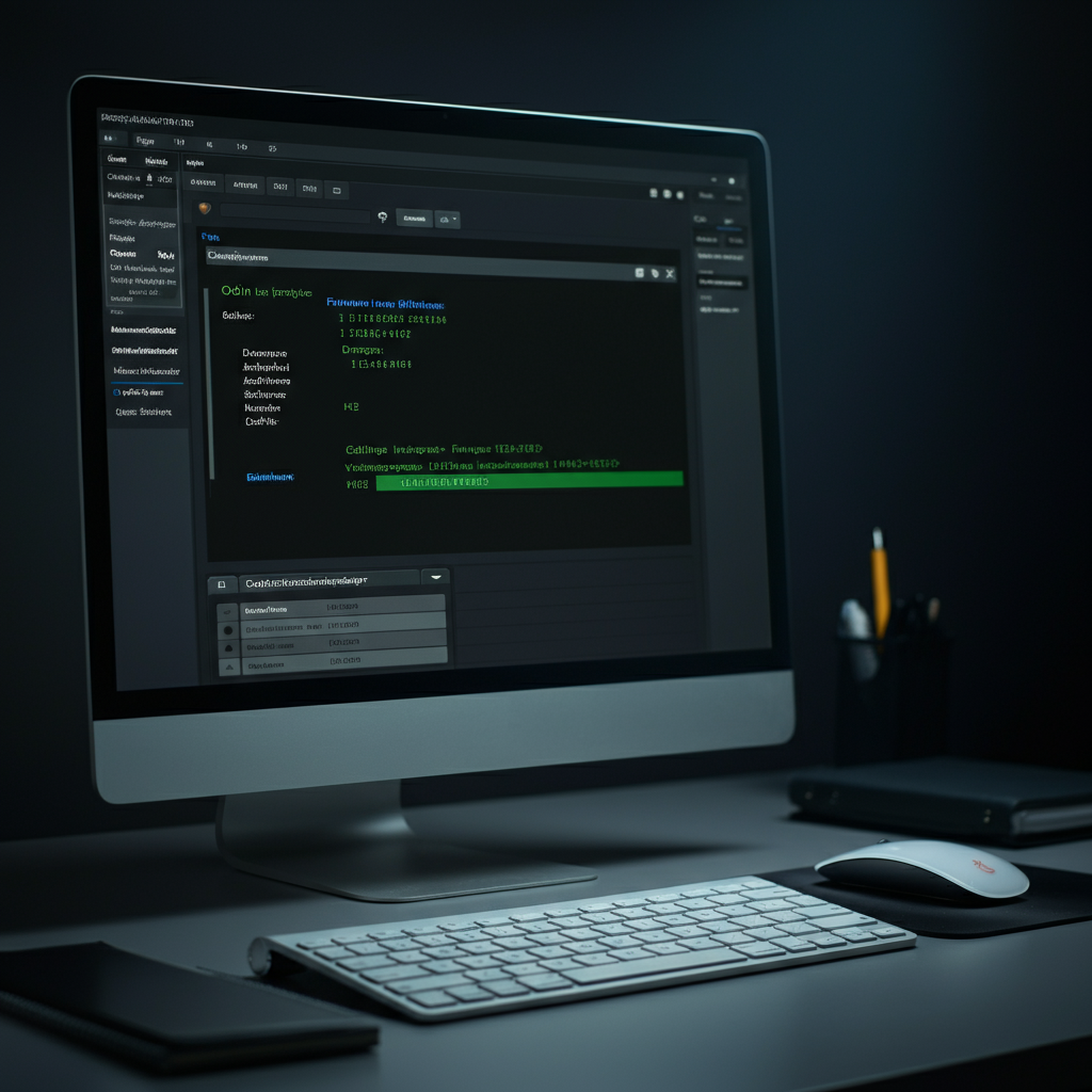 A computer screen displaying the Odin flashing tool with a progress bar indicating firmware installation. The screen is slightly angled to show the keyboard and mouse on the desk. The lighting is soft and even.