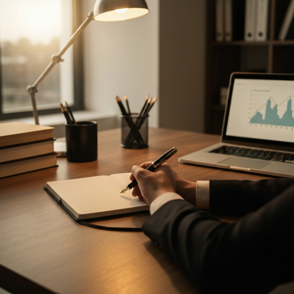 A well-organized office desk bathed in golden hour lighting. A hand is writing with a fountain pen in a sleek notebook. A modern laptop sits open in the background with a simple graph displayed on the screen.