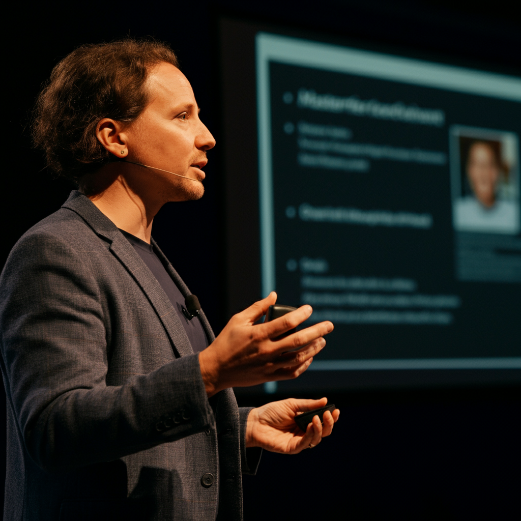 A side-lit view of a person giving a presentation. The presenter is dressed professionally and is gesturing with their hands. A screen in the background displays bullet points and a single, impactful image. The lighting highlights the texture of their clothing and the subtle details of the presentation screen.