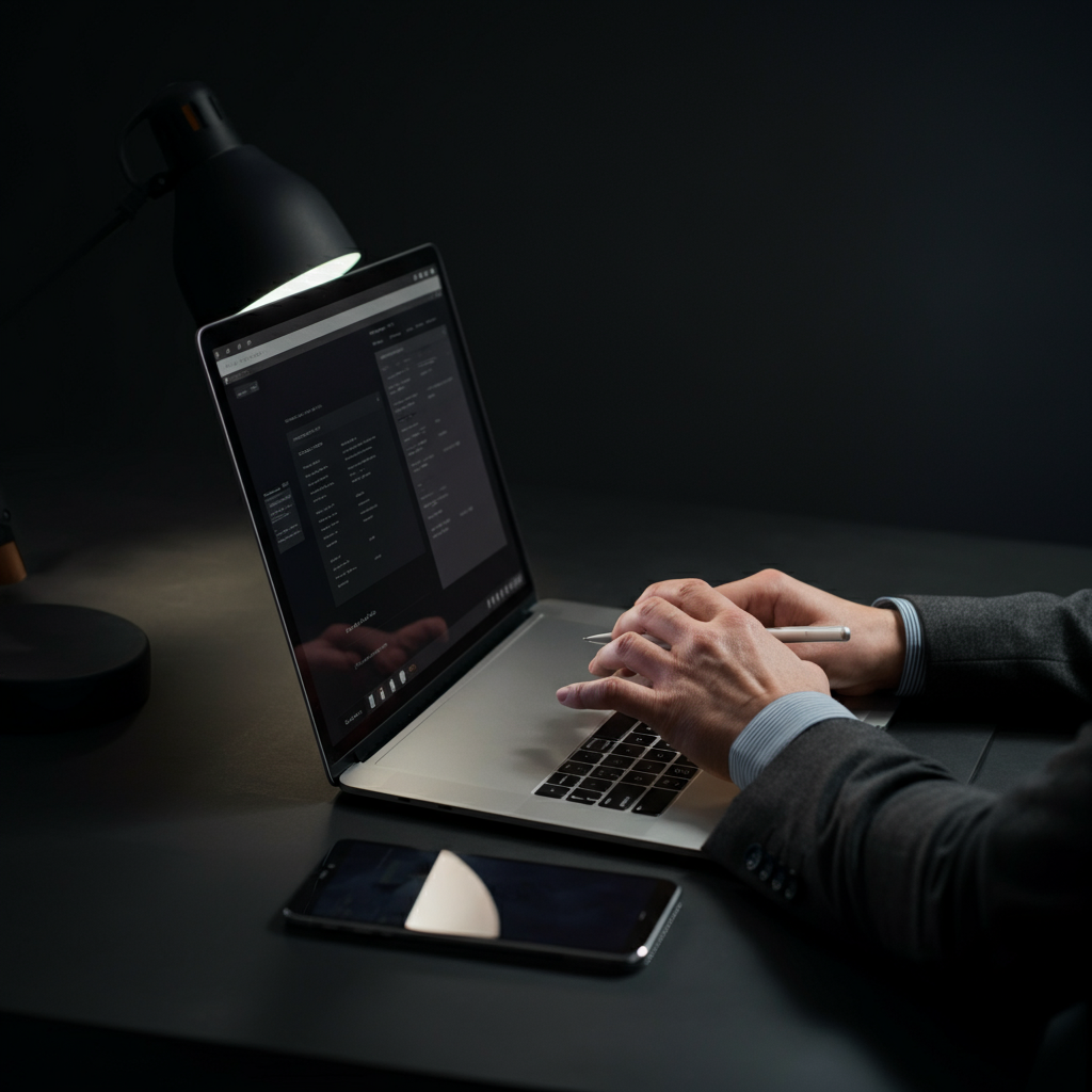 A person working at a desk surrounded by multiple devices: a laptop, a tablet, and a smartphone. Soft bokeh in the background creates a sense of focus on the person's workspace. The lighting is warm and inviting.