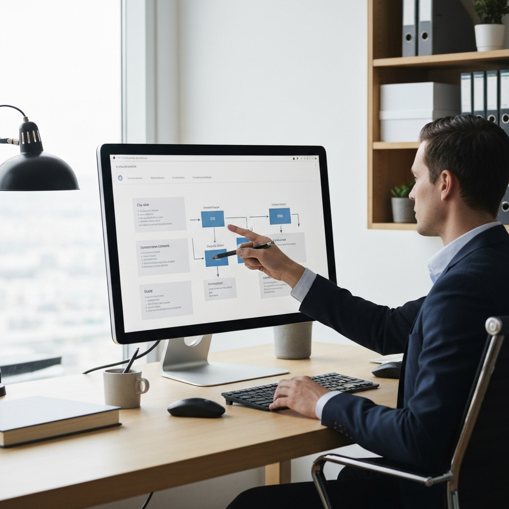 A person sitting at a desk, pointing to a detailed flowchart on a large monitor. The screen displays clear steps and actionable items. The desk is tidy and organized, suggesting a focused work environment.