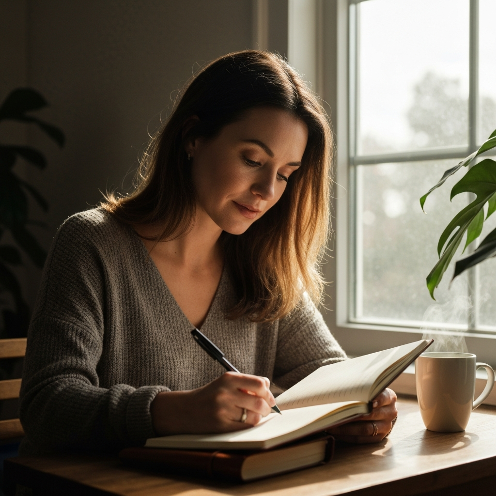 Woman journaling in a sun-drenched room. Soft morning light illuminates her face as she writes in a leather-bound journal. A steaming mug sits beside her, and a leafy plant adds a touch of tranquility to the scene.