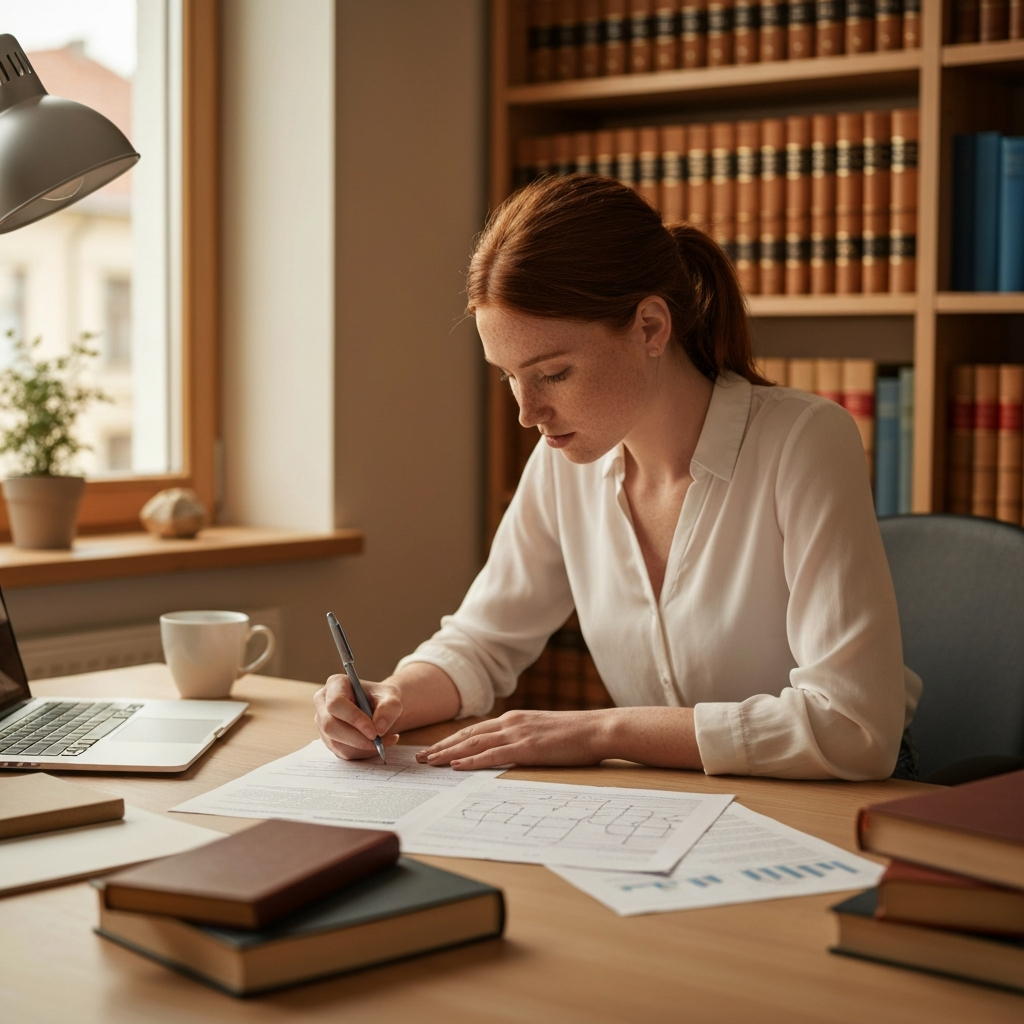 Mother working on a laptop at a clean, modern desk. Her children are playing quietly in the background, respecting a designated "work zone" marked by a colorful rug. The light is diffused and soft, creating a focused and calm atmosphere.