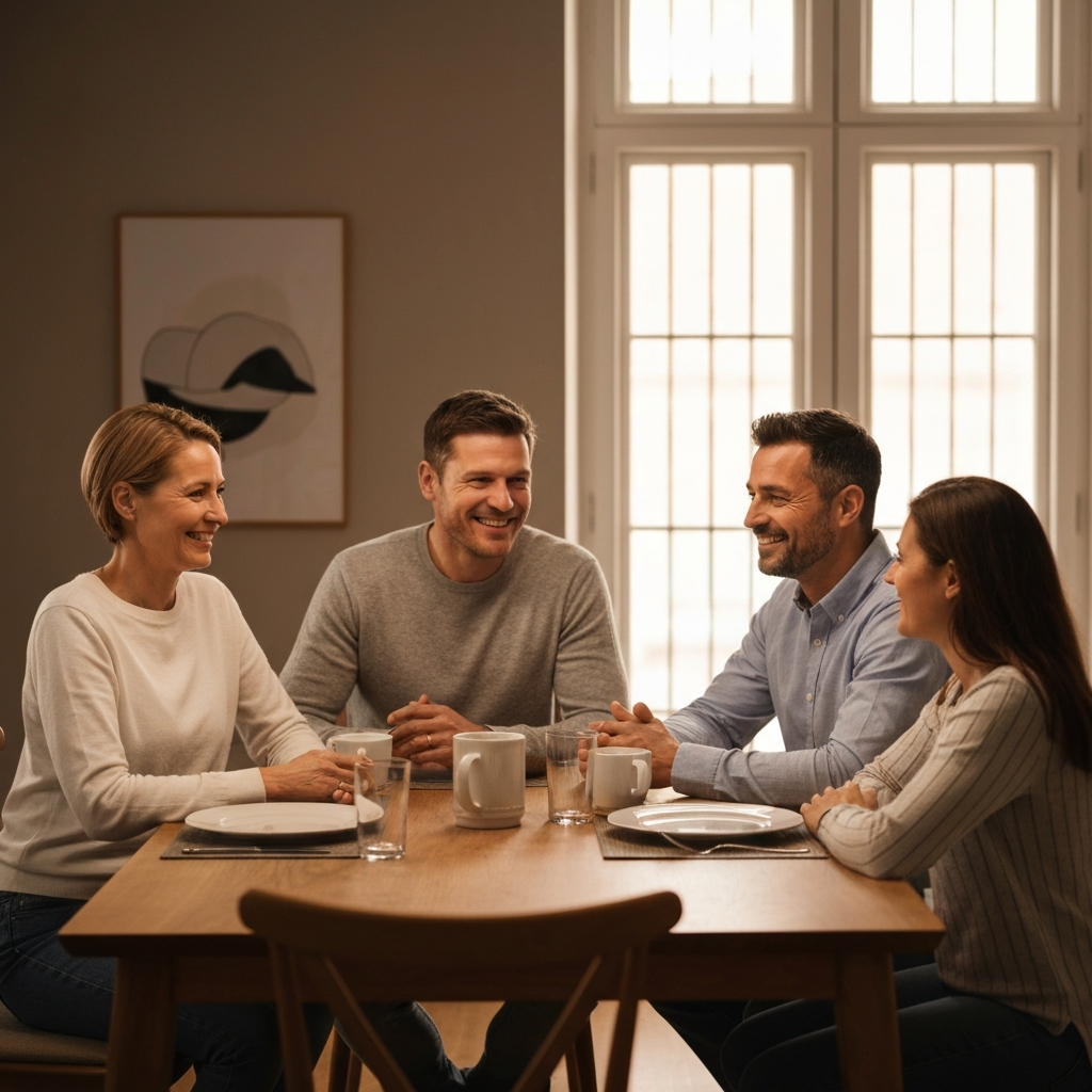 Family sitting around a dining table, engaged in a conversation. The lighting is warm and inviting, highlighting the genuine smiles on their faces as they actively listen to each other.