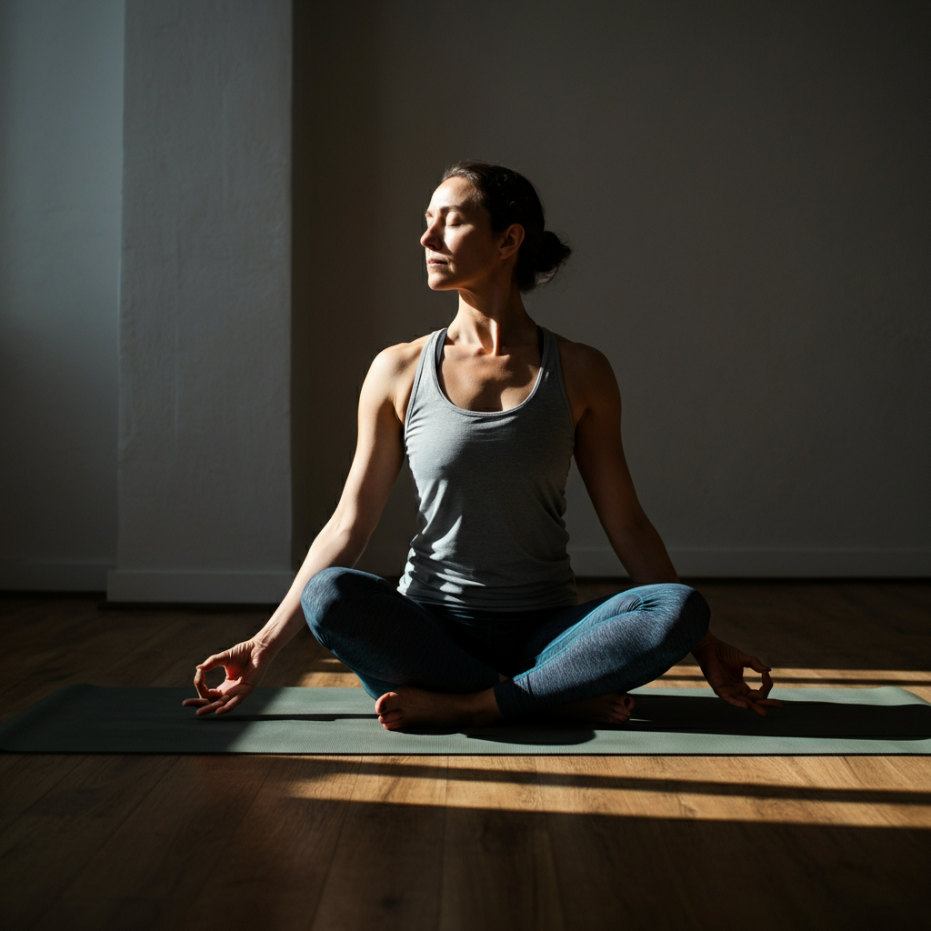 Woman practicing yoga in a peaceful, minimalist studio. Natural light streams through the windows, illuminating her focused expression. The scene conveys a sense of serenity and mindful movement.